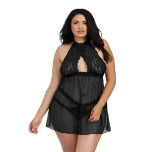 Sexy Sheer Lace Halter Neck Babydoll Set