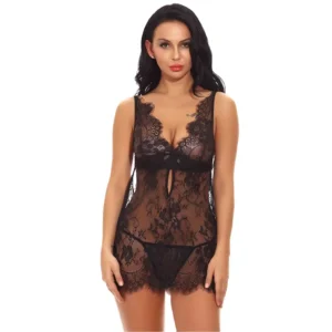Sexy Back Ribbon Strip Sheer Lace Babydoll Set
