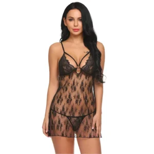 Sexy Lace Front Metalic Ring Babydoll Night Wear