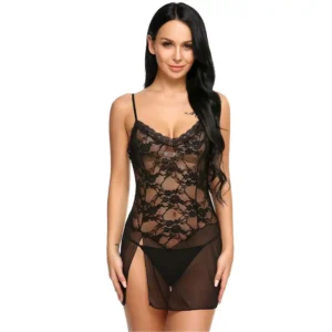 Women Sexy Side Cut Sheer Lace Babydoll Set