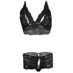 Women Lace Open Crotch Black Lingerie Set