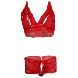 Women Lace Open Crotch Red Lingerie Set