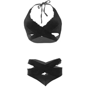 Floral Criss cross Women Black Bra and Panty Set