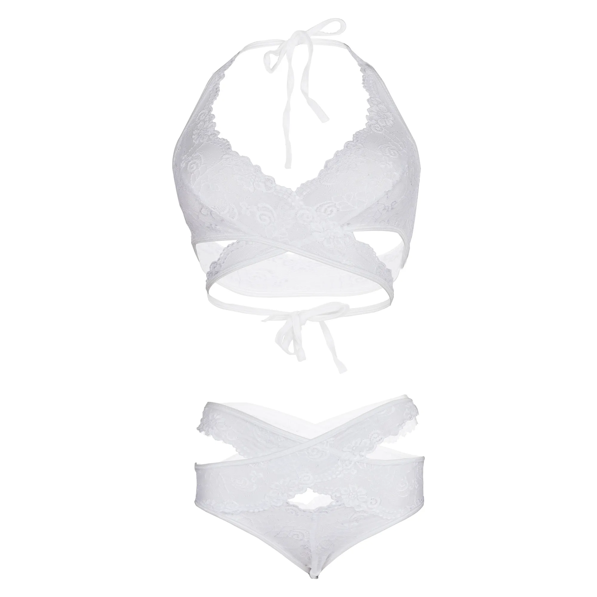 Floral Criss cross Women White Bra and Panty Set