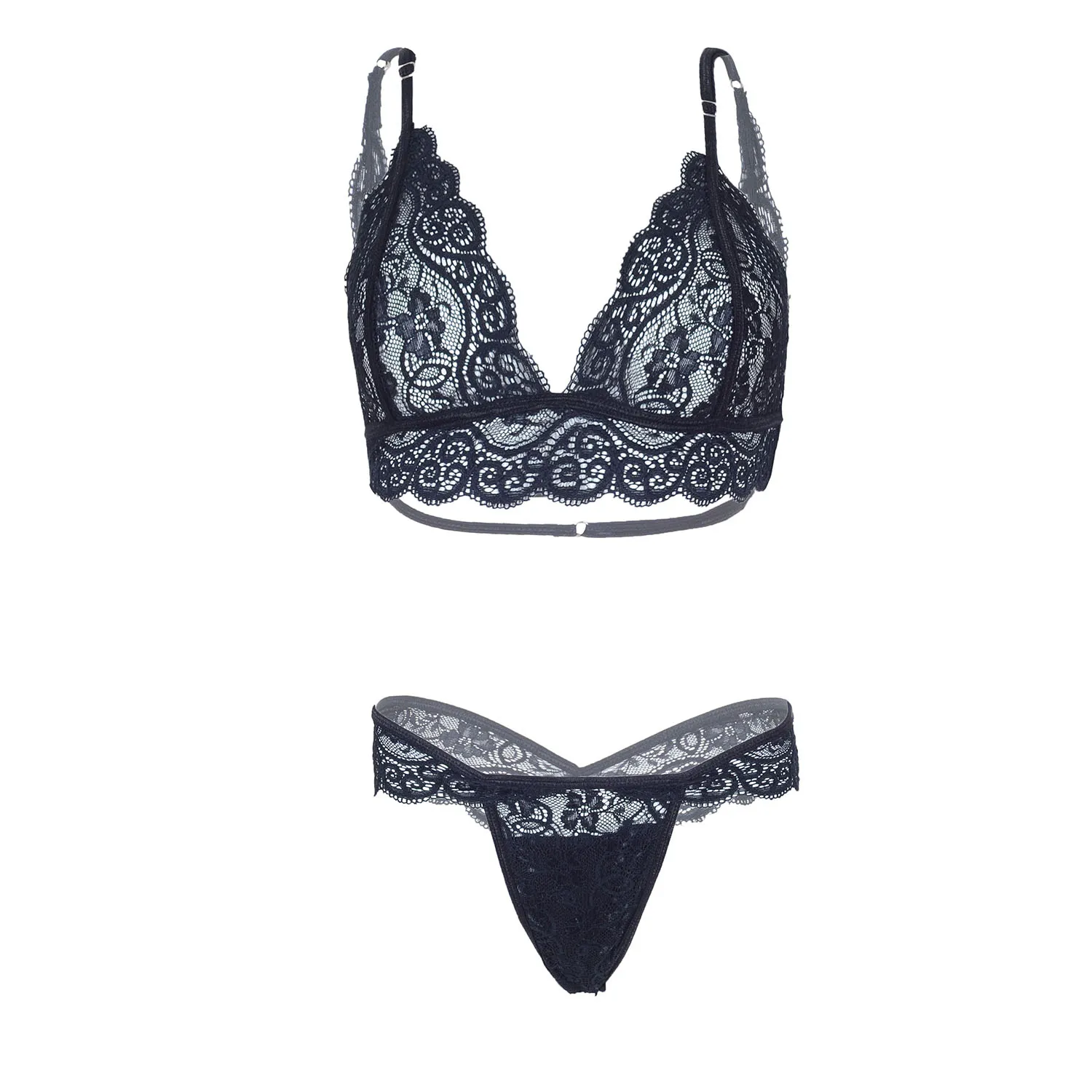 Floral Lace Design Women Black Bra and Panty Set