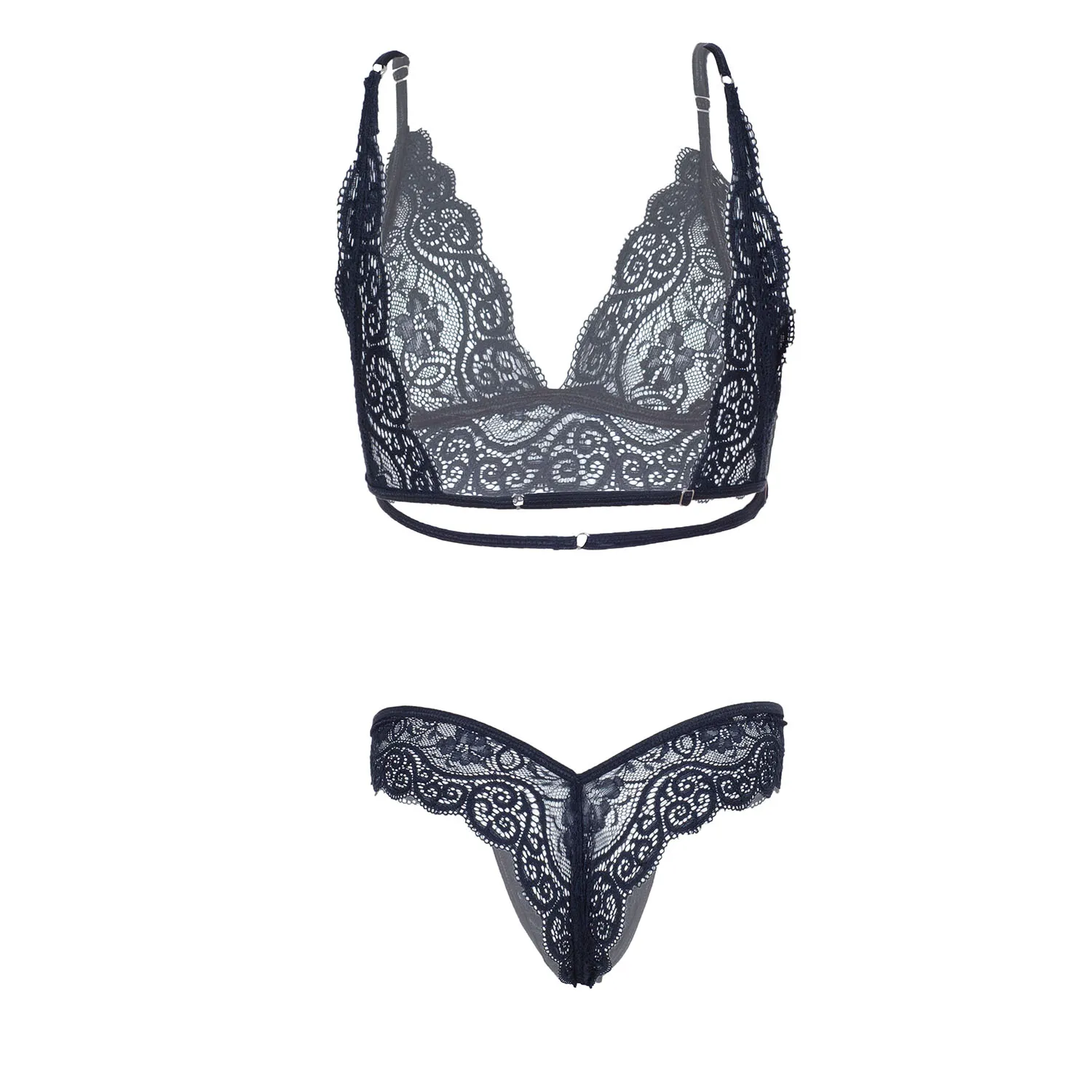 Floral Lace Design Women Black Bra and Panty Set - Image 2
