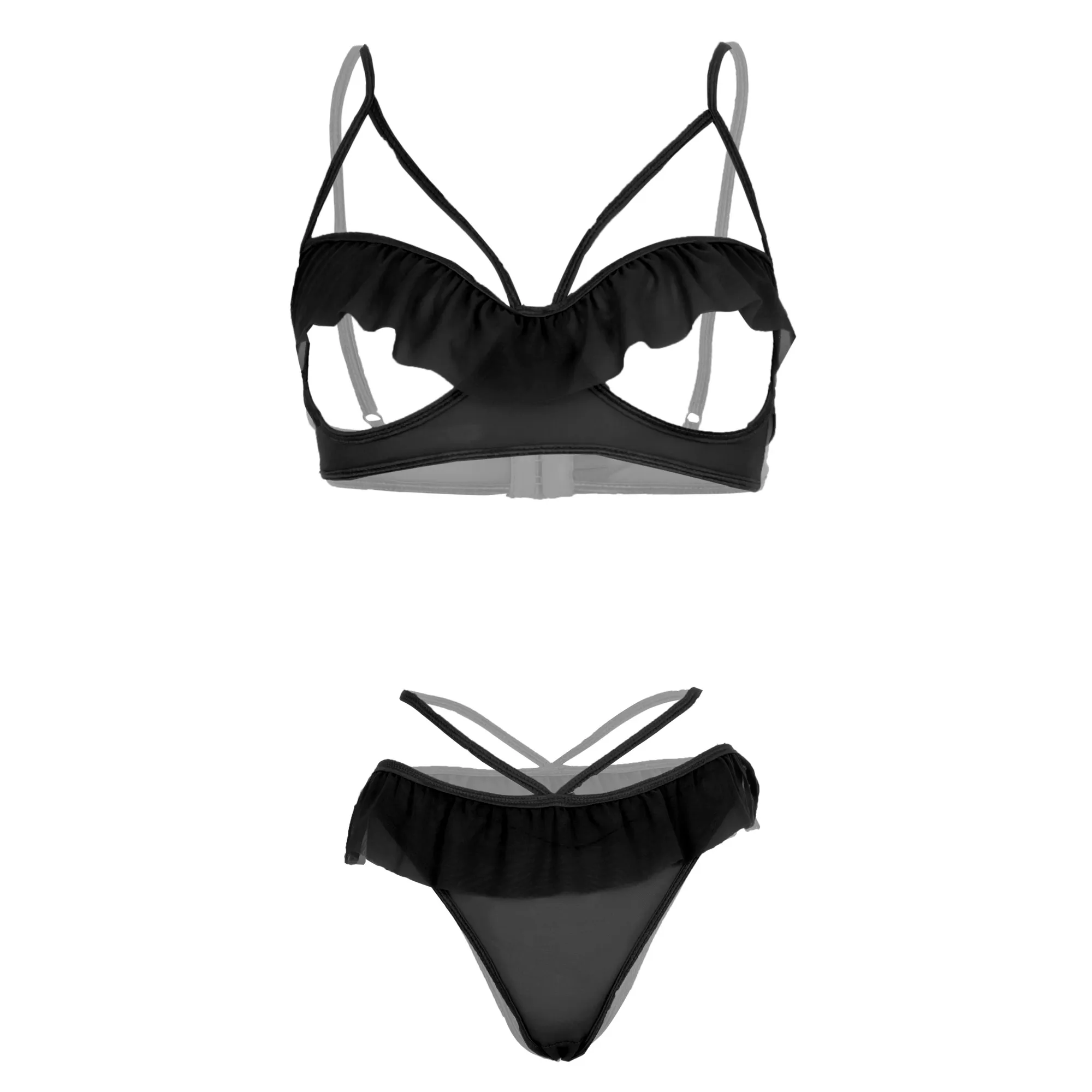 Lace Open Sling Women Black Bra and Panty Set