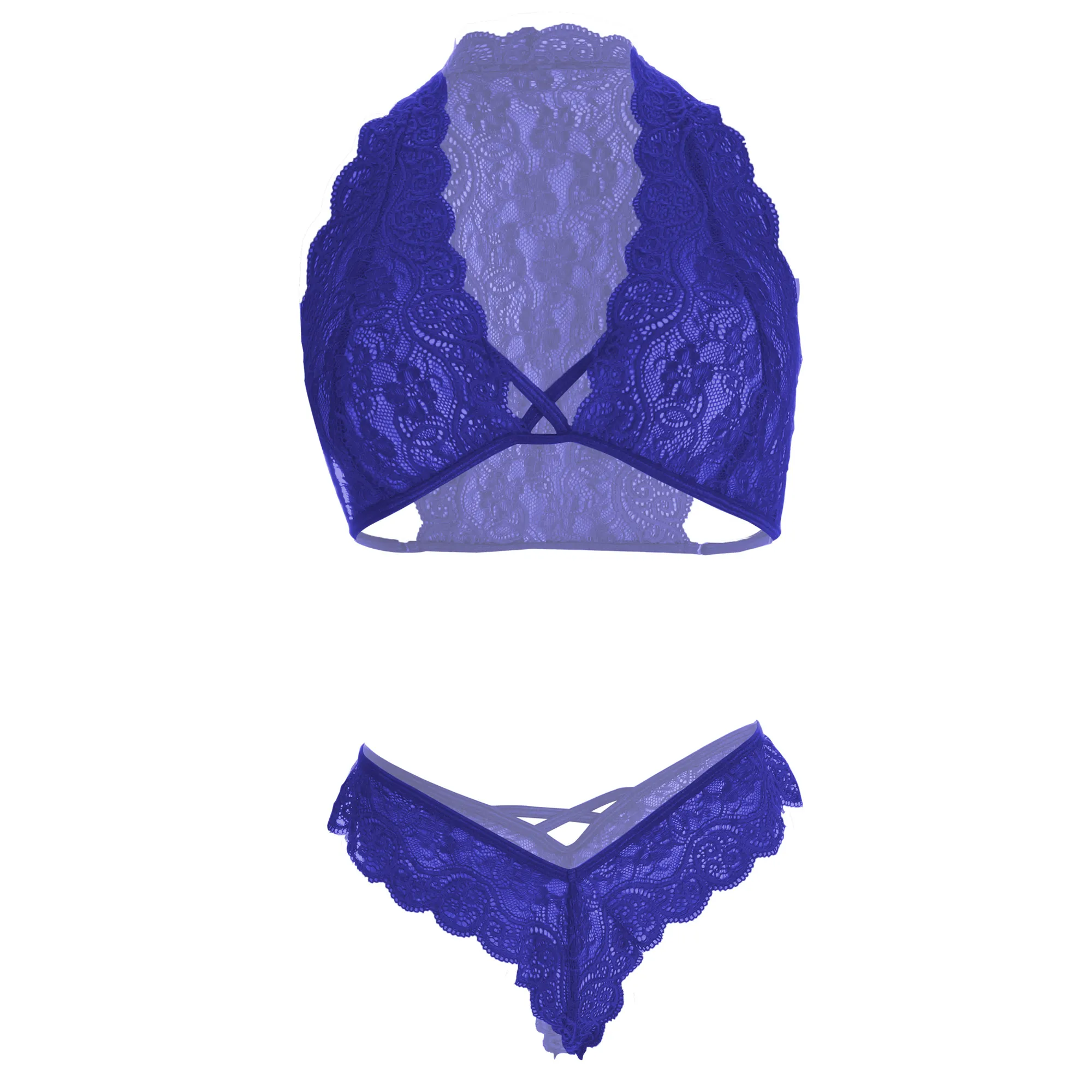 Women Lace floral crisscross Blue Lingerie Set