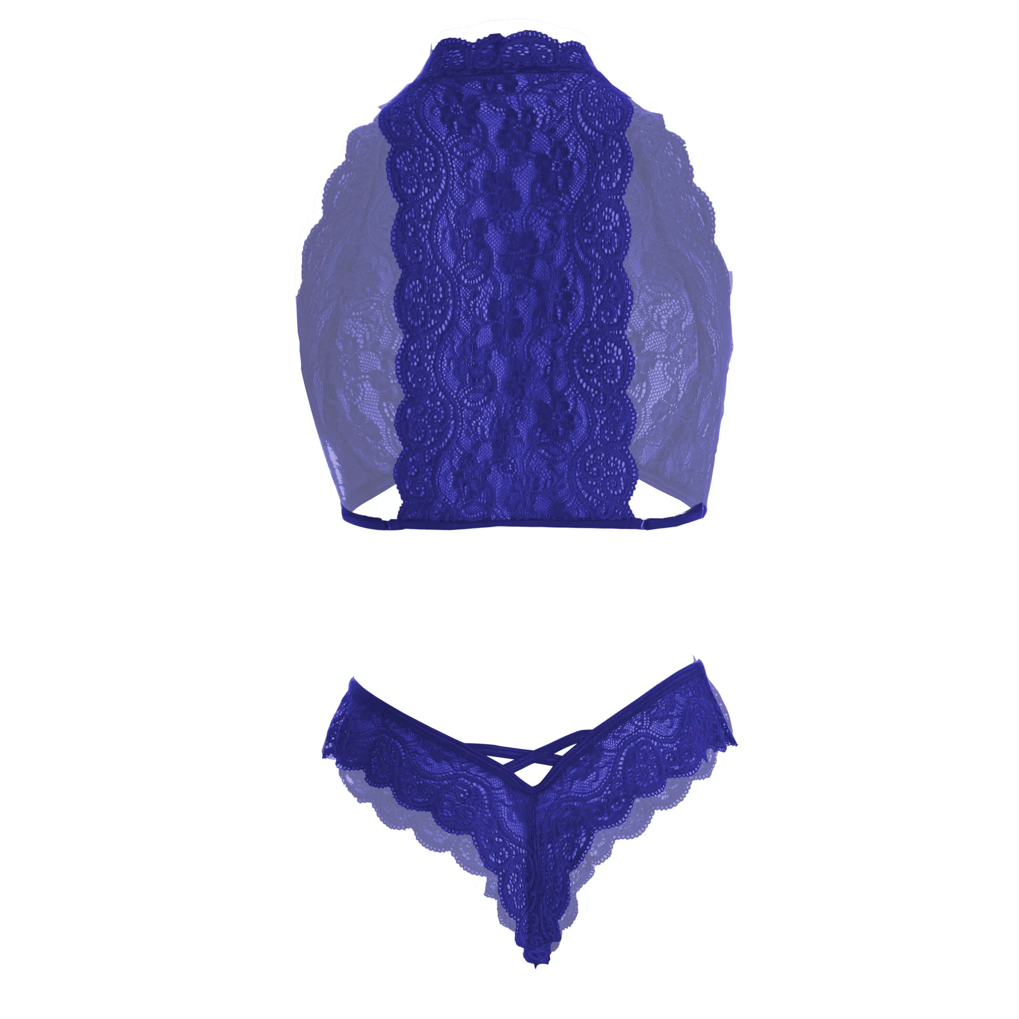 Women Lace floral crisscross Blue Lingerie Set - Image 2