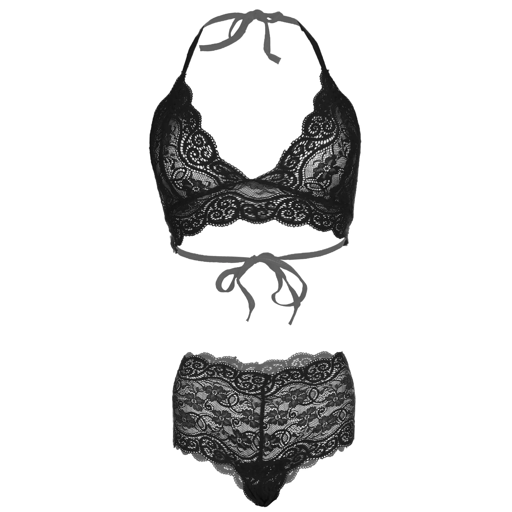 Women Halter knot Bra & Hipster panty Set- Black