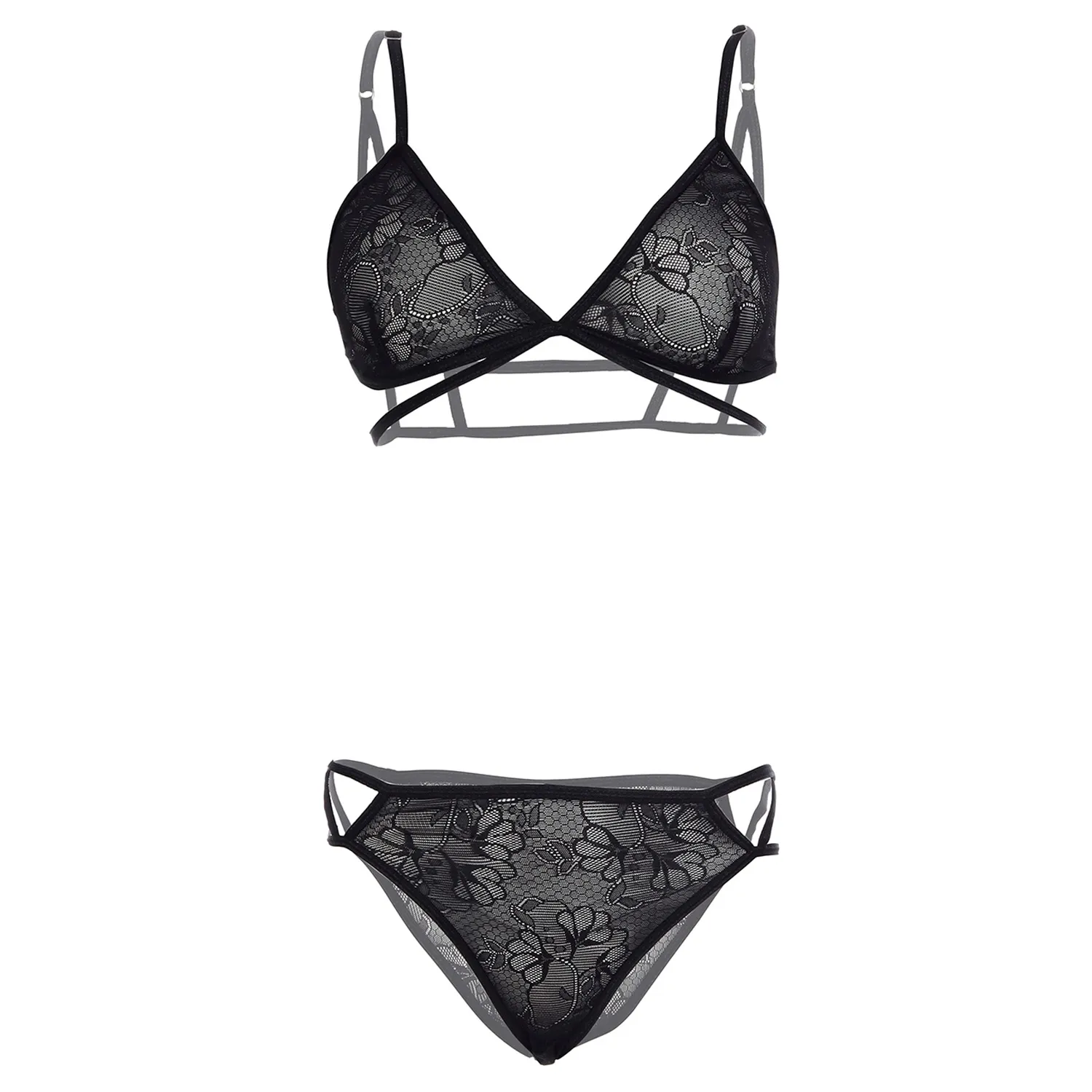 Womens Lace Stripped Hollow Black Lingerie Set