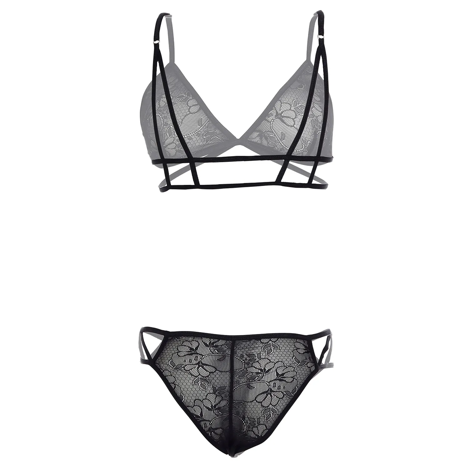 Womens Lace Stripped Hollow Black Lingerie Set - Image 2