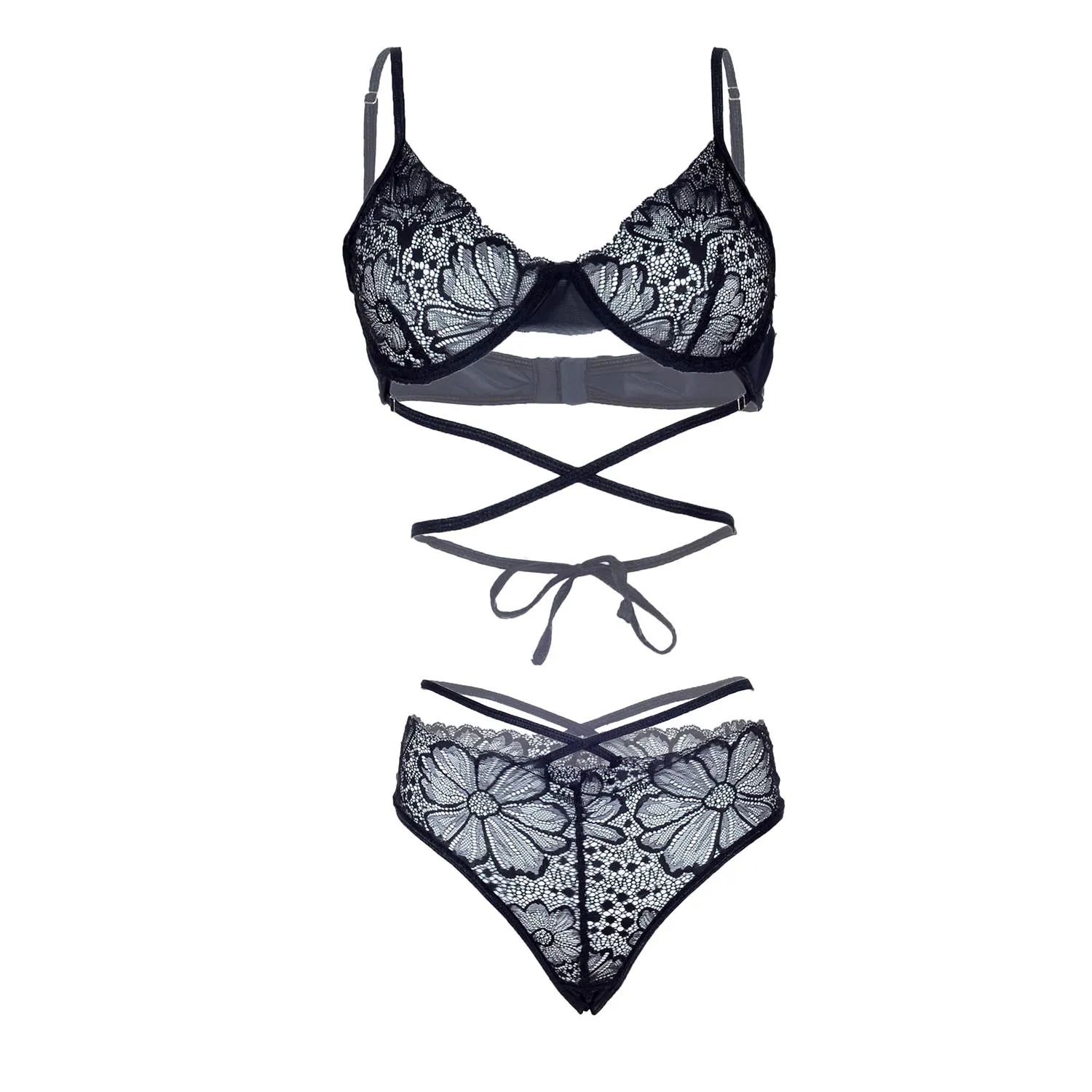 Women Lace Crisscross Strips Black Lingerie Set