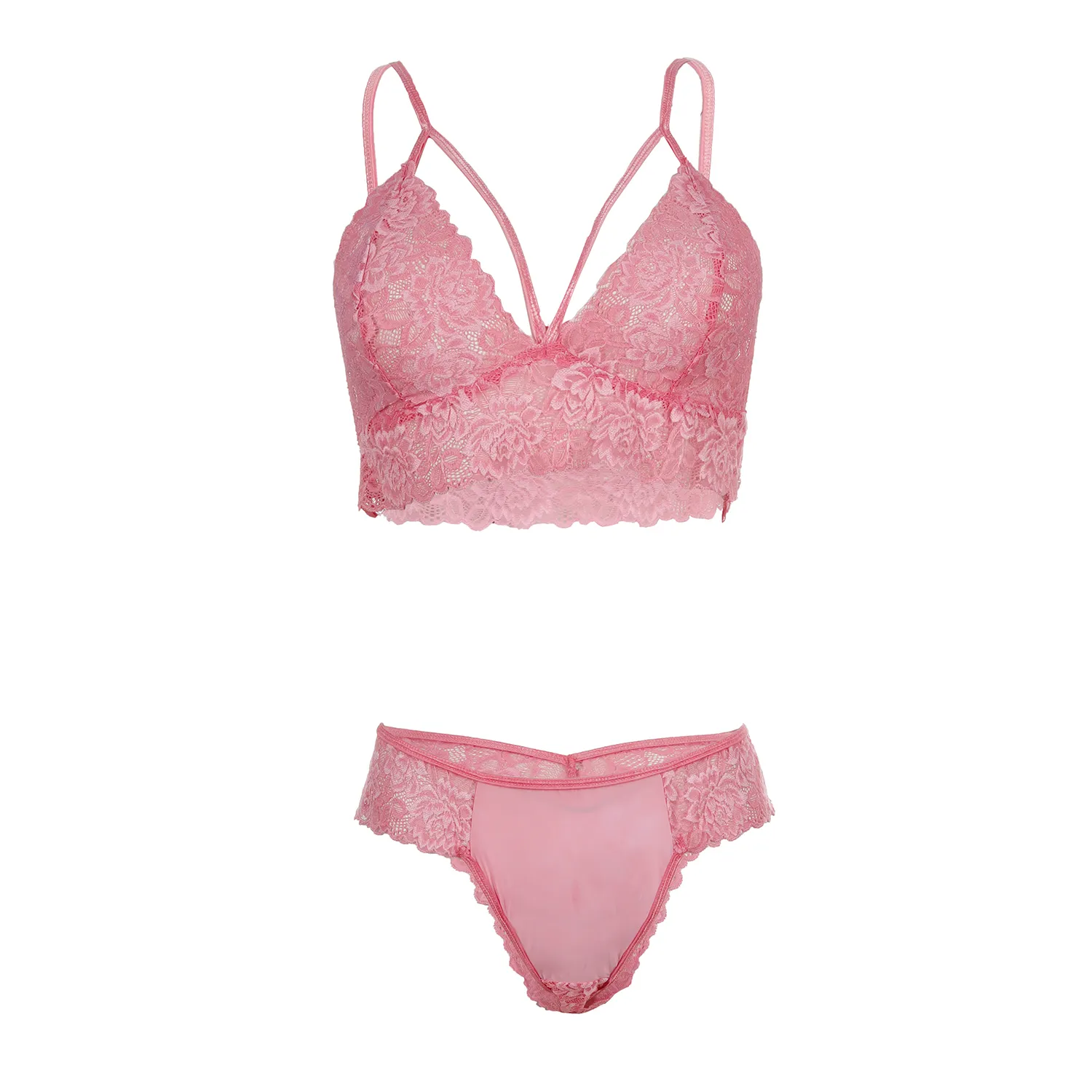 Women's Lace Bralette Striper Pink Lingerie Set