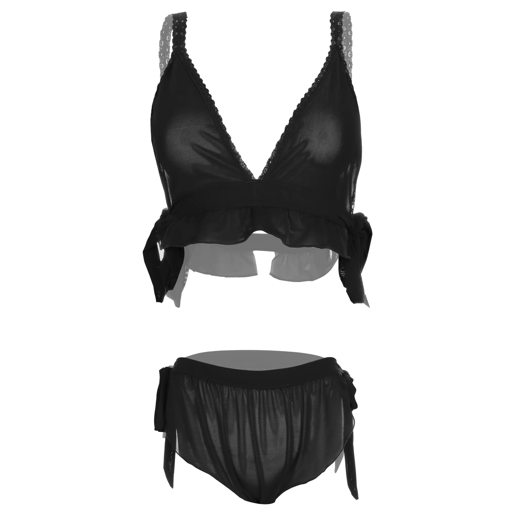 Women Black Lingerie Tie Side Solid See Through