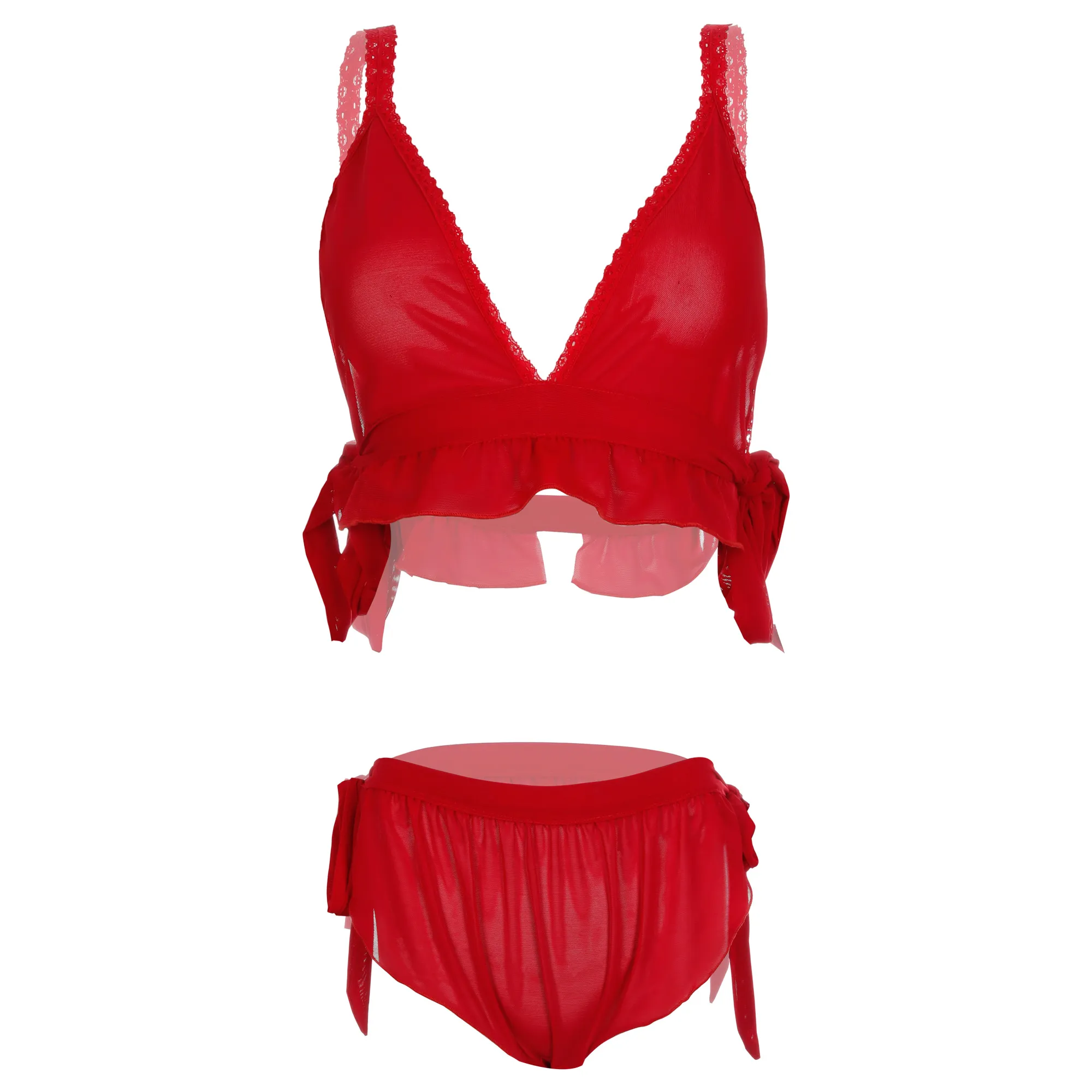 Women Red Lingerie Tie Side Solid See Through