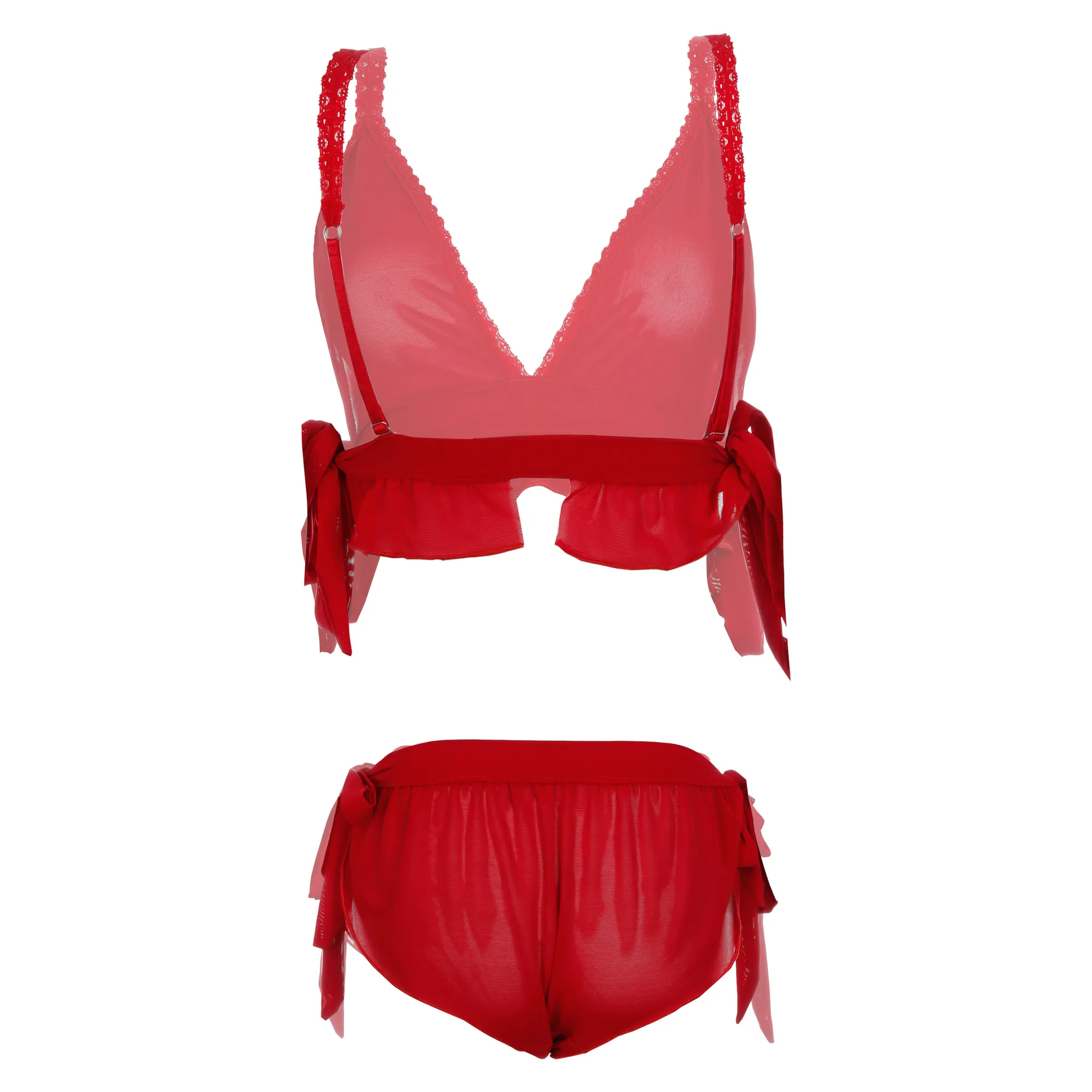 Women Red Lingerie Tie Side Solid See Through - Image 2