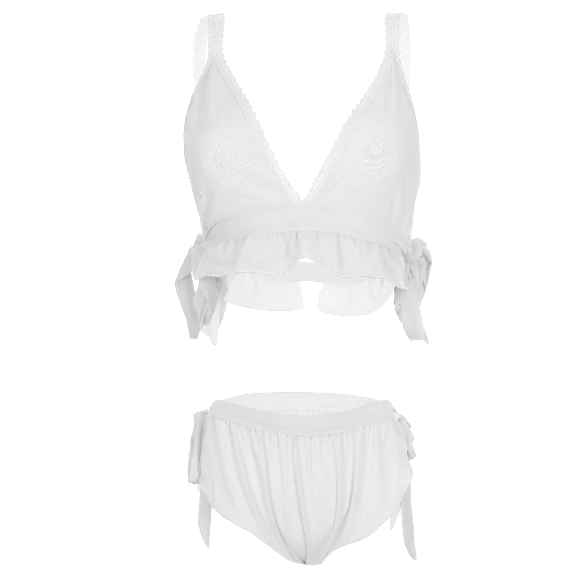 Women White Lingerie Tie Side Solid See Through