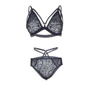 Women Crisscross strappy Bra & Panty Set- Black