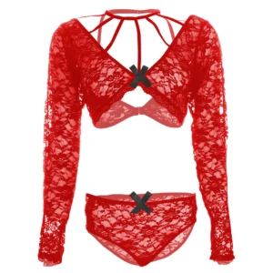 Women Lace CrissCross Red Bra Panty Lingerie Set
