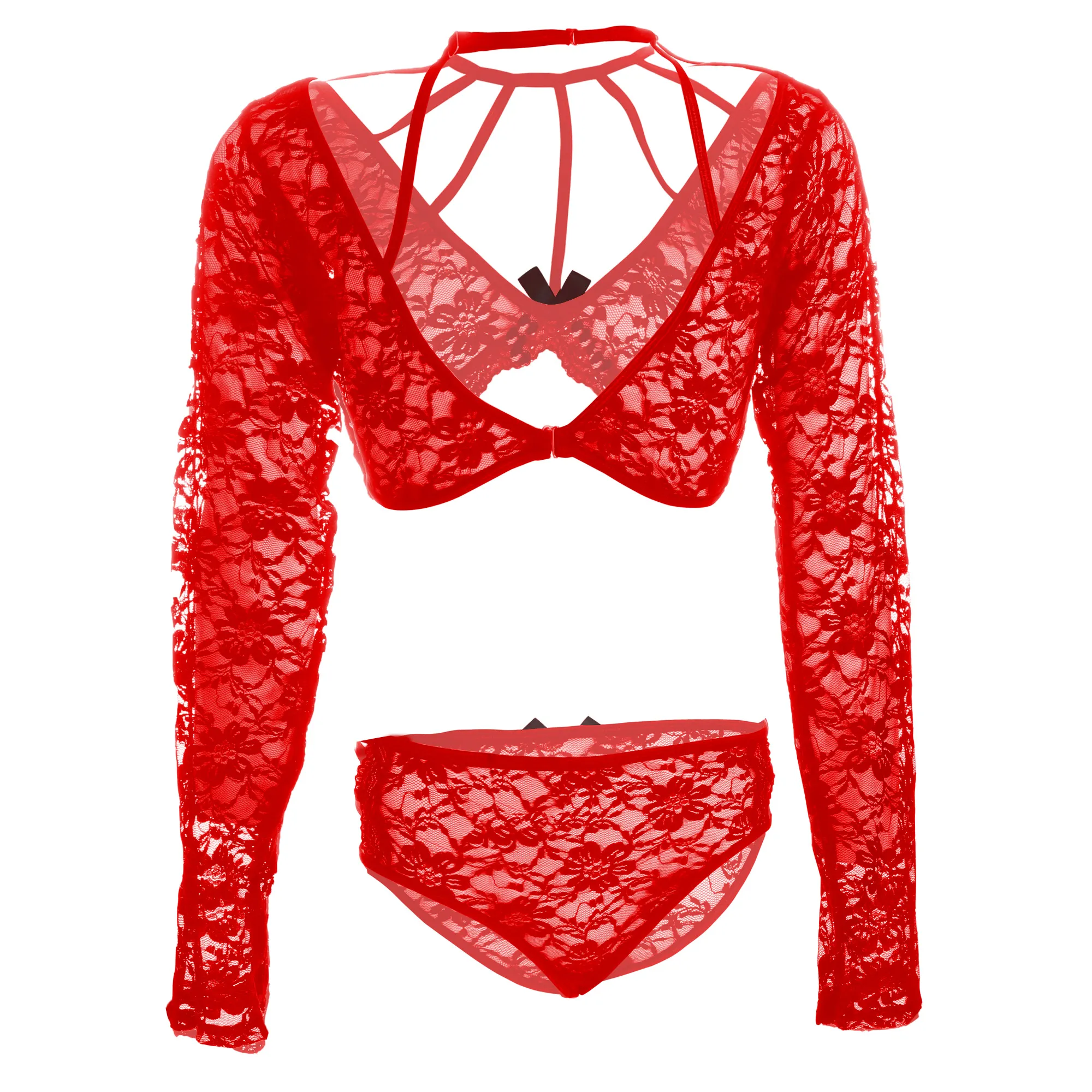 Women Lace CrissCross Red Bra Panty Lingerie Set - Image 2