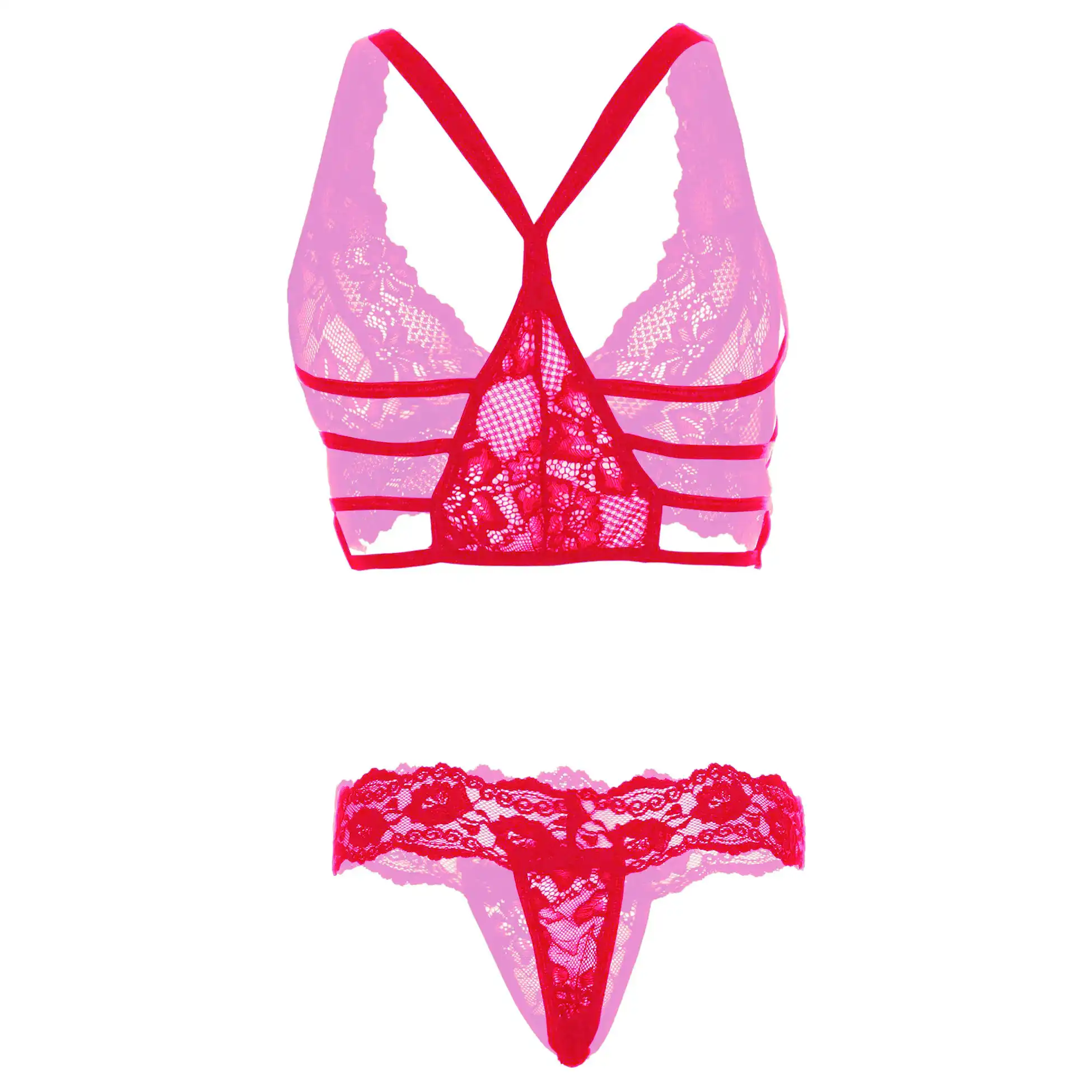 Women Racerback Lace Pink Bralette Lingerie Set - Image 2