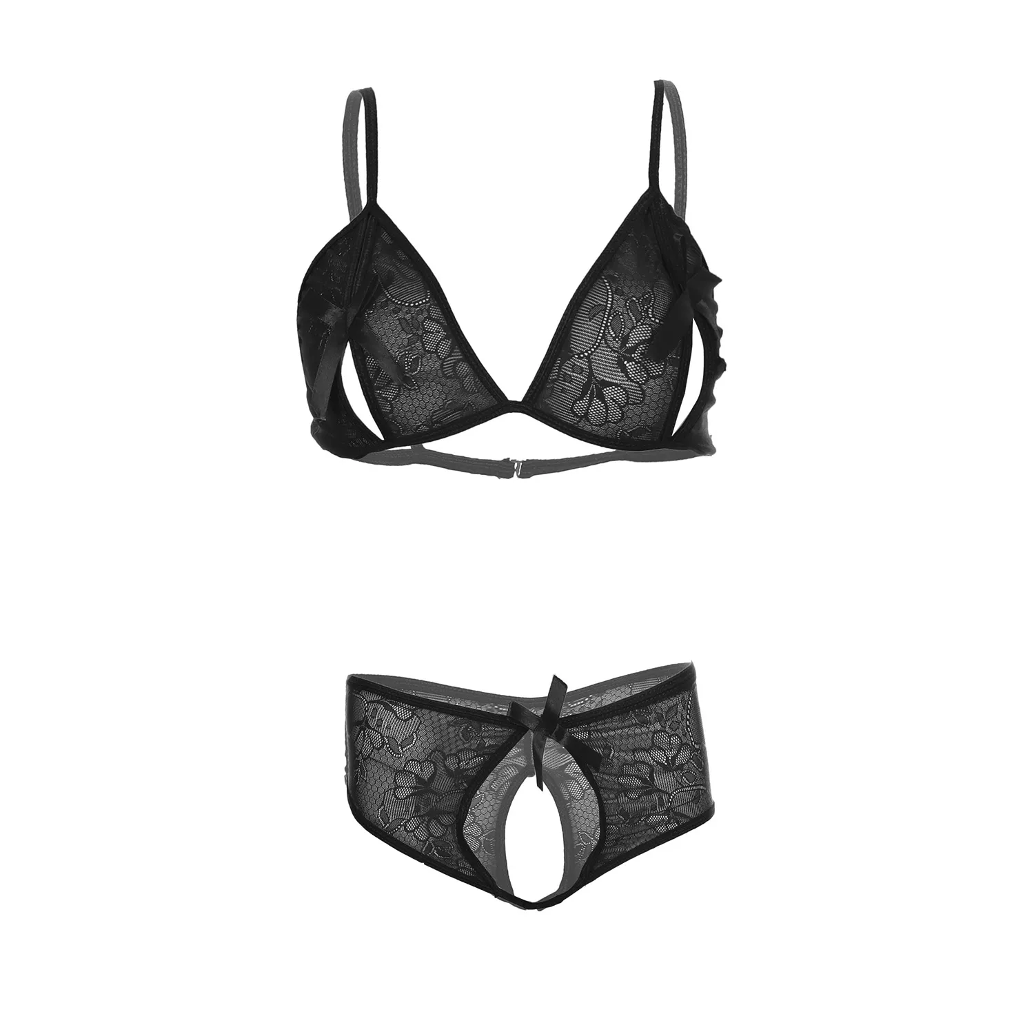 Women's Black Lace Crotch less Bra and Panty Set