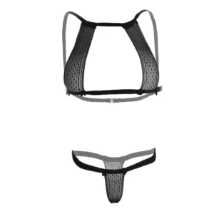 Women's Lace Micro Stripped Black Lingerie Set