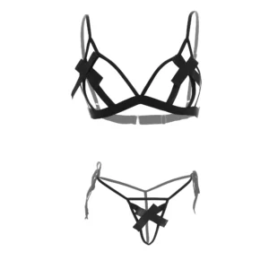 Women's Lace Hand Tie Black Bra and Panty Set