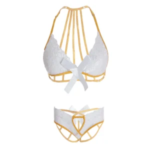 Women Gold Mesh & Front Knot White Lingerie Set