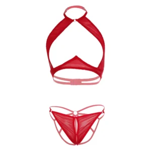 Women Open Crotch Transparent Red Bra Panty Set