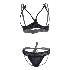 Women Front Open Back Tail Black Lingerie Set