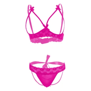 Women Pink Lingerie Set Front Open & Back Tail