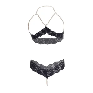 Women's Pearl Design Black Bra and Panty Set