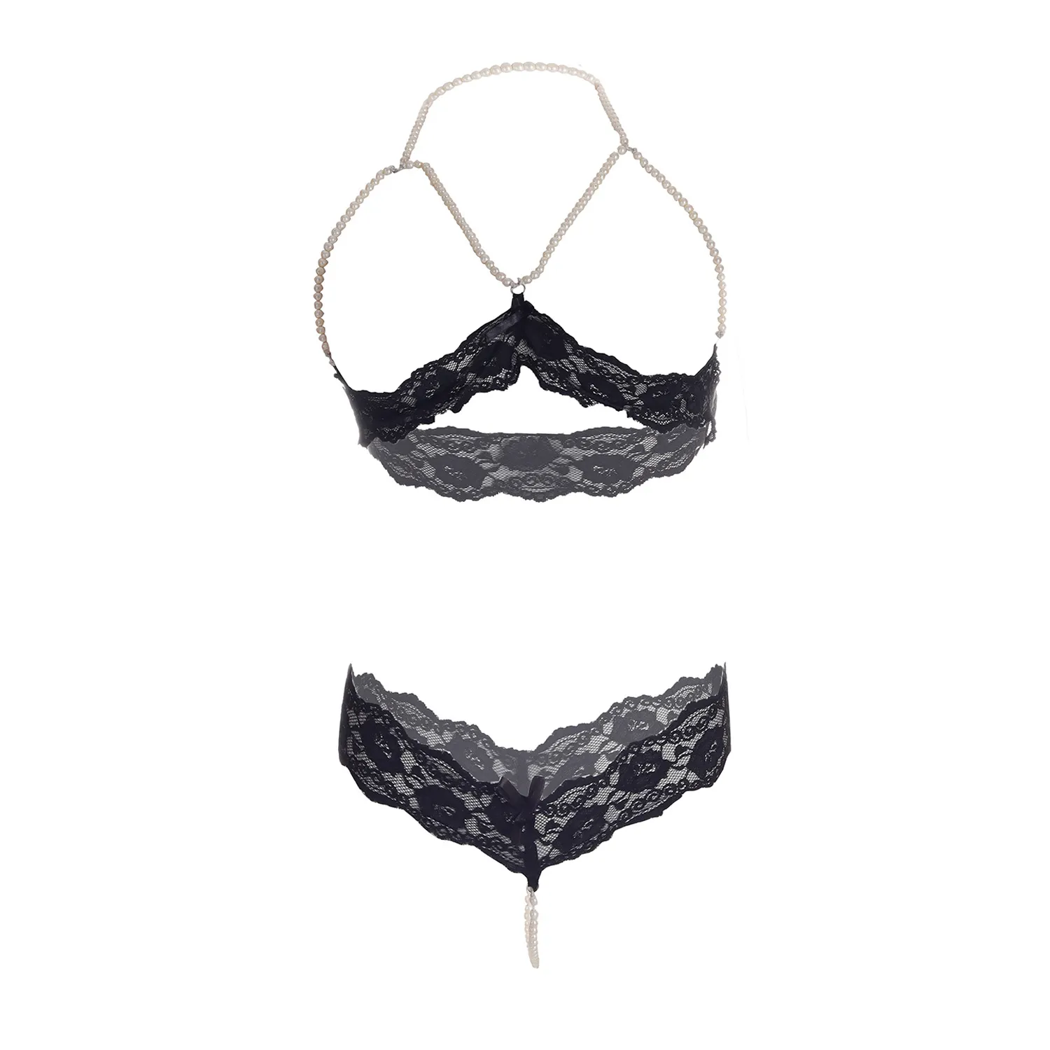 Women's Pearl Design Black Bra and Panty Set