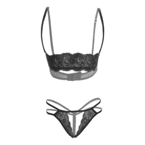 Women's Lace Front hollow Black Lingerie Set