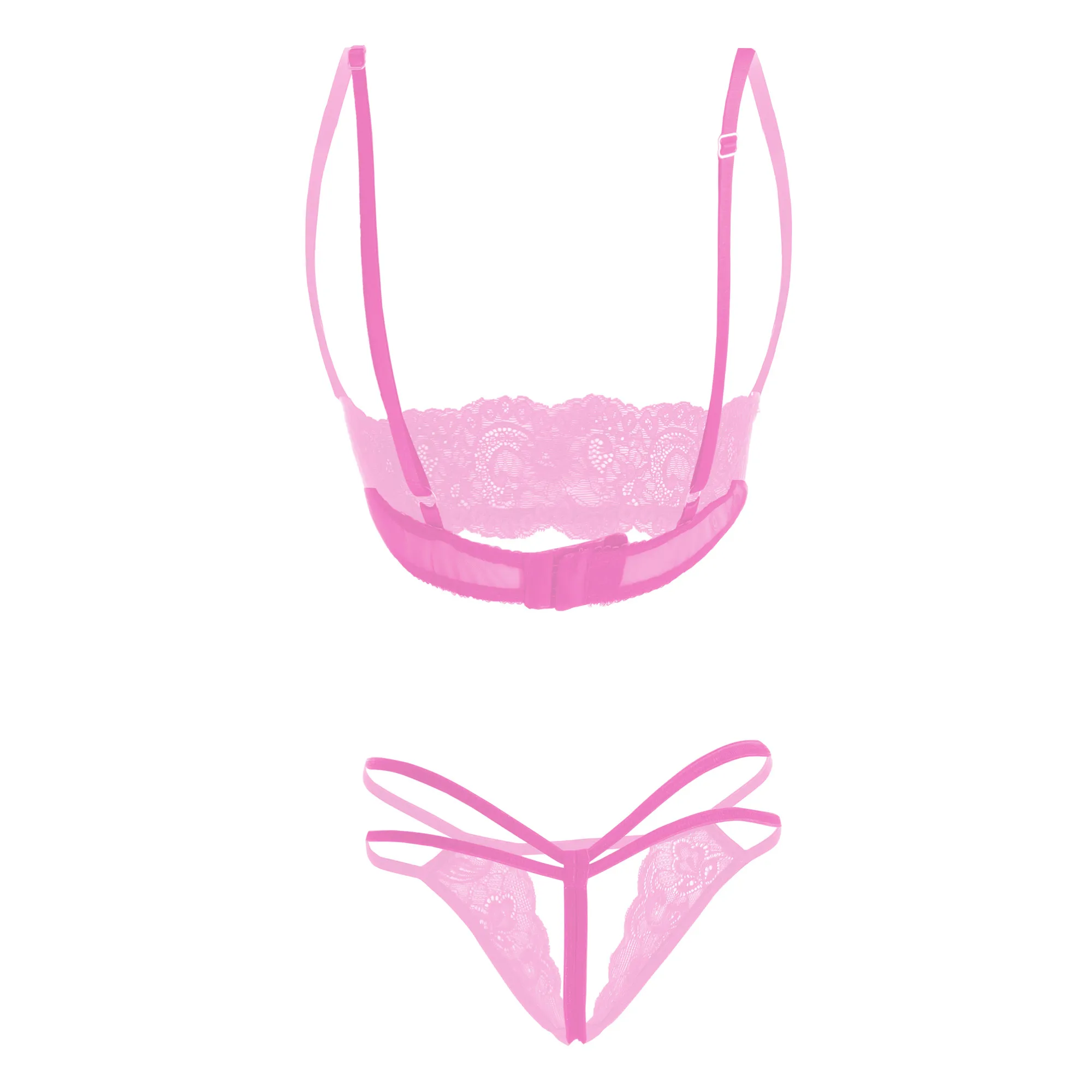 Women's Lace Front Open hollow Pink Lingerie Set - Image 2