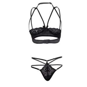 Women Front Open Multi Laces Black Lingerie Set