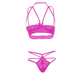 Women Front Open Multi Laces Pink Lingerie Set