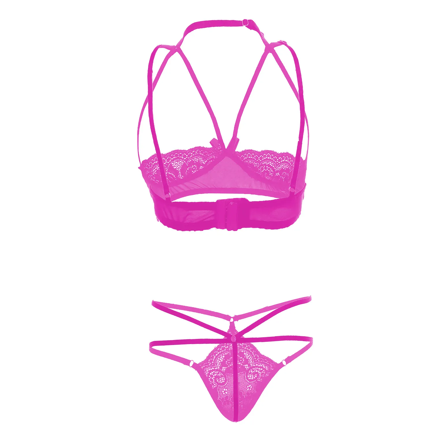 Women Front Open Multi Laces Pink Lingerie Set - Image 2