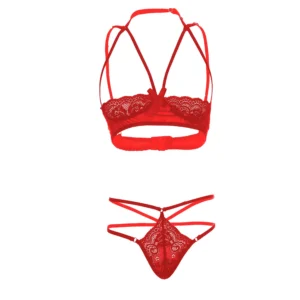 Women Front Open Multi Laces Red Lingerie Set