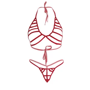 Women Hollow Strips Red Bra and Panty Set