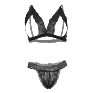 Women Lace Front Open Cut Out Black Lingerie Set