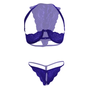 Women's Lace Cut Out Underwire Blue Lingerie Set