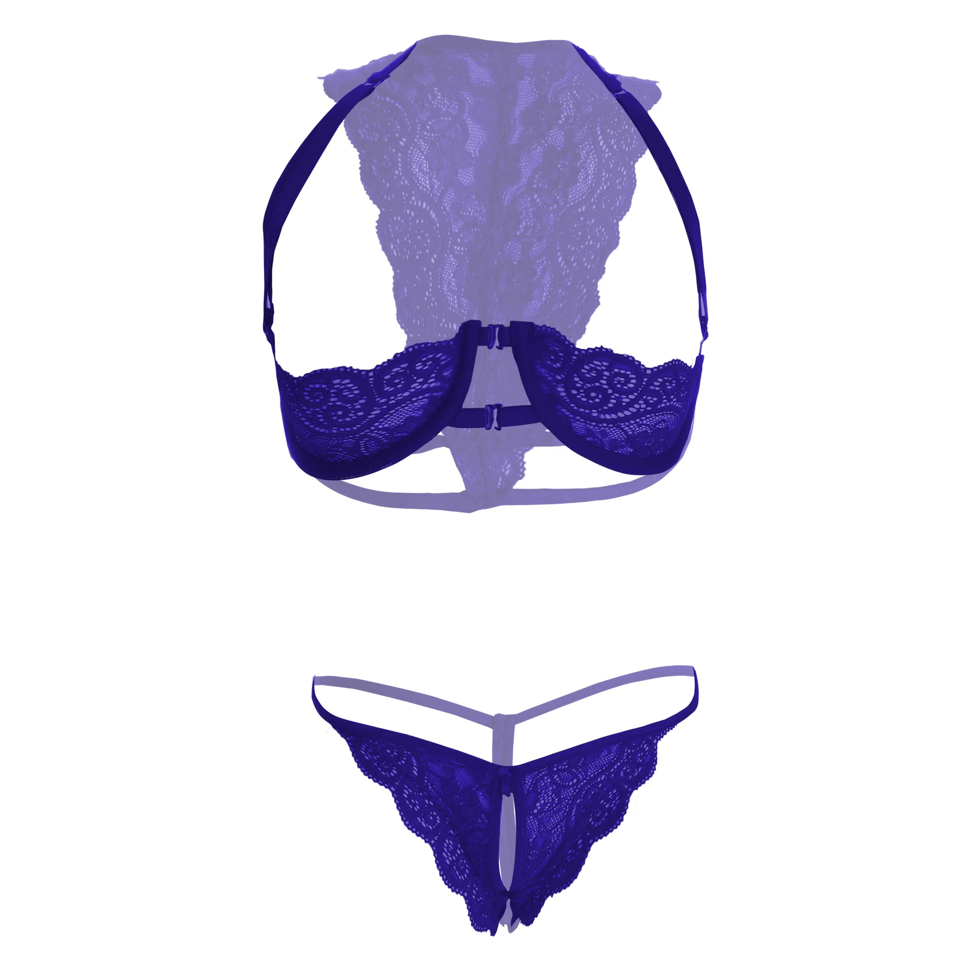 Women's Lace Cut Out Underwire Blue Lingerie Set