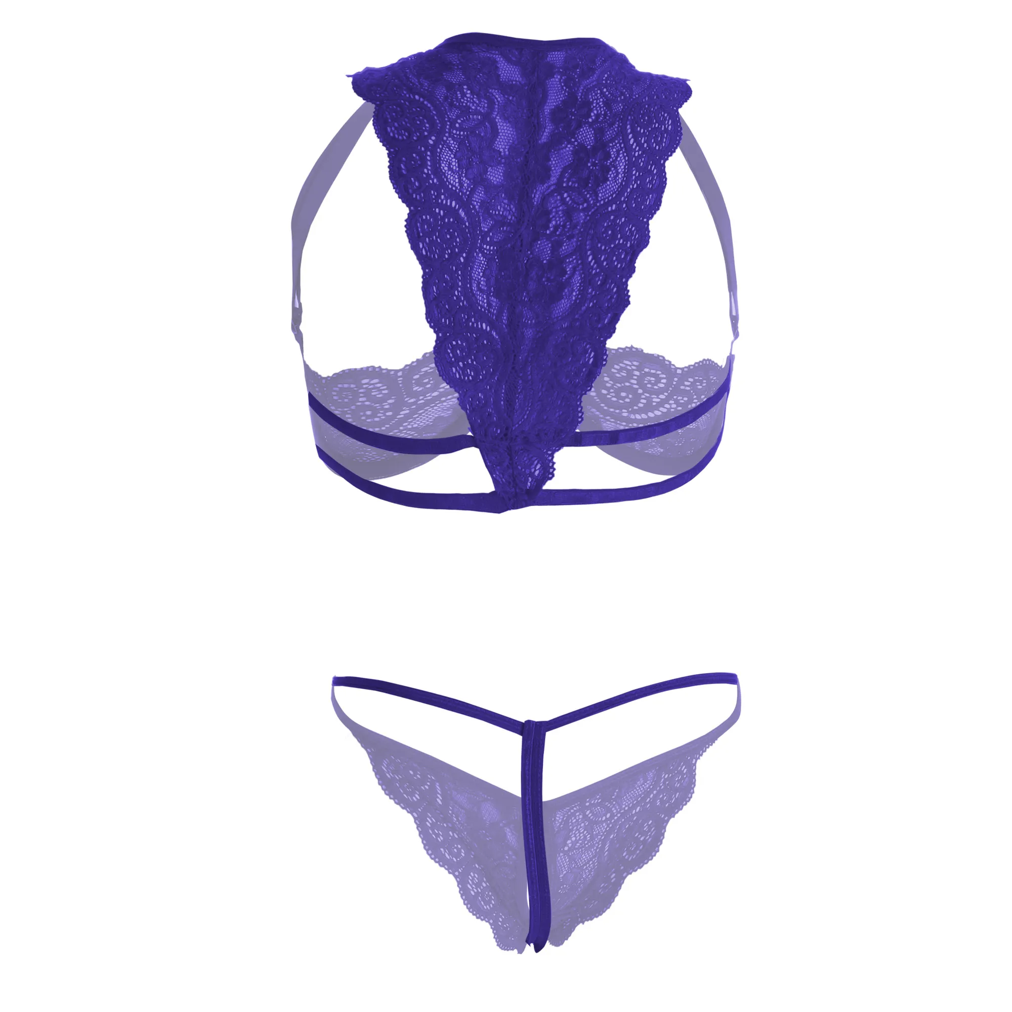 Women's Lace Cut Out Underwire Blue Lingerie Set - Image 2
