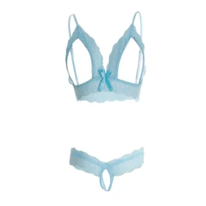 Blue Front Open Bra and Crotch less Panty Set