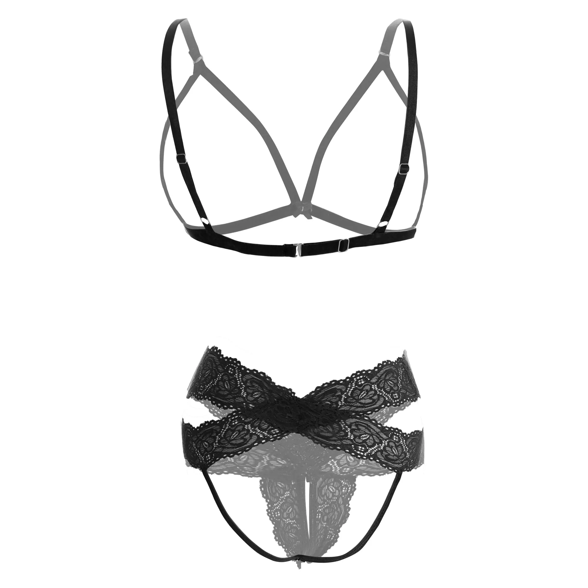 Lace Front Open Black Bra & Cheeky Lingerie Set - Image 2