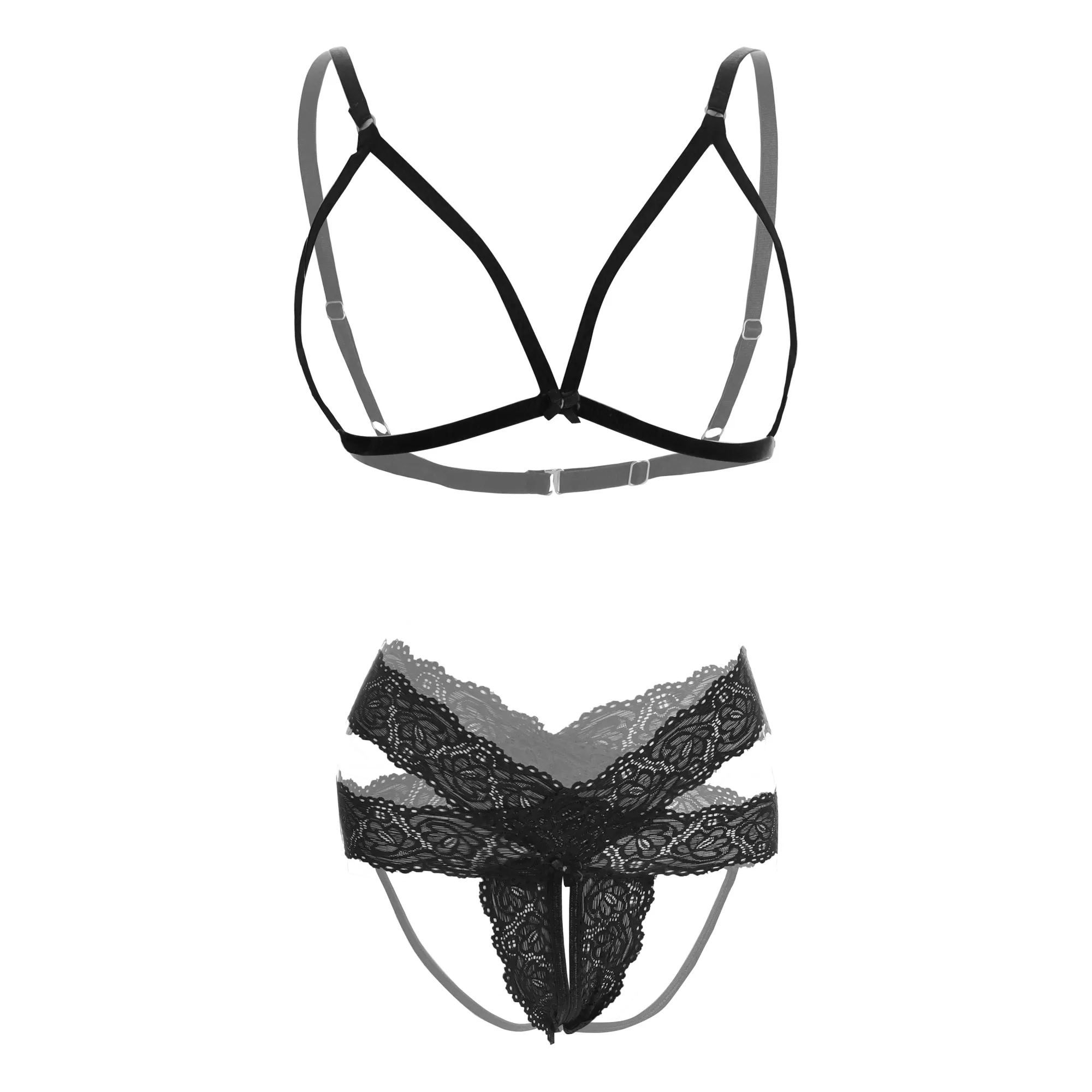Lace Front Open Black Bra & Cheeky Lingerie Set