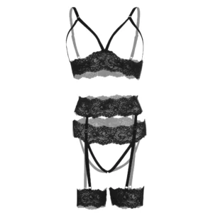 Women's Black Lingerie Open Bra Panty Garter Set